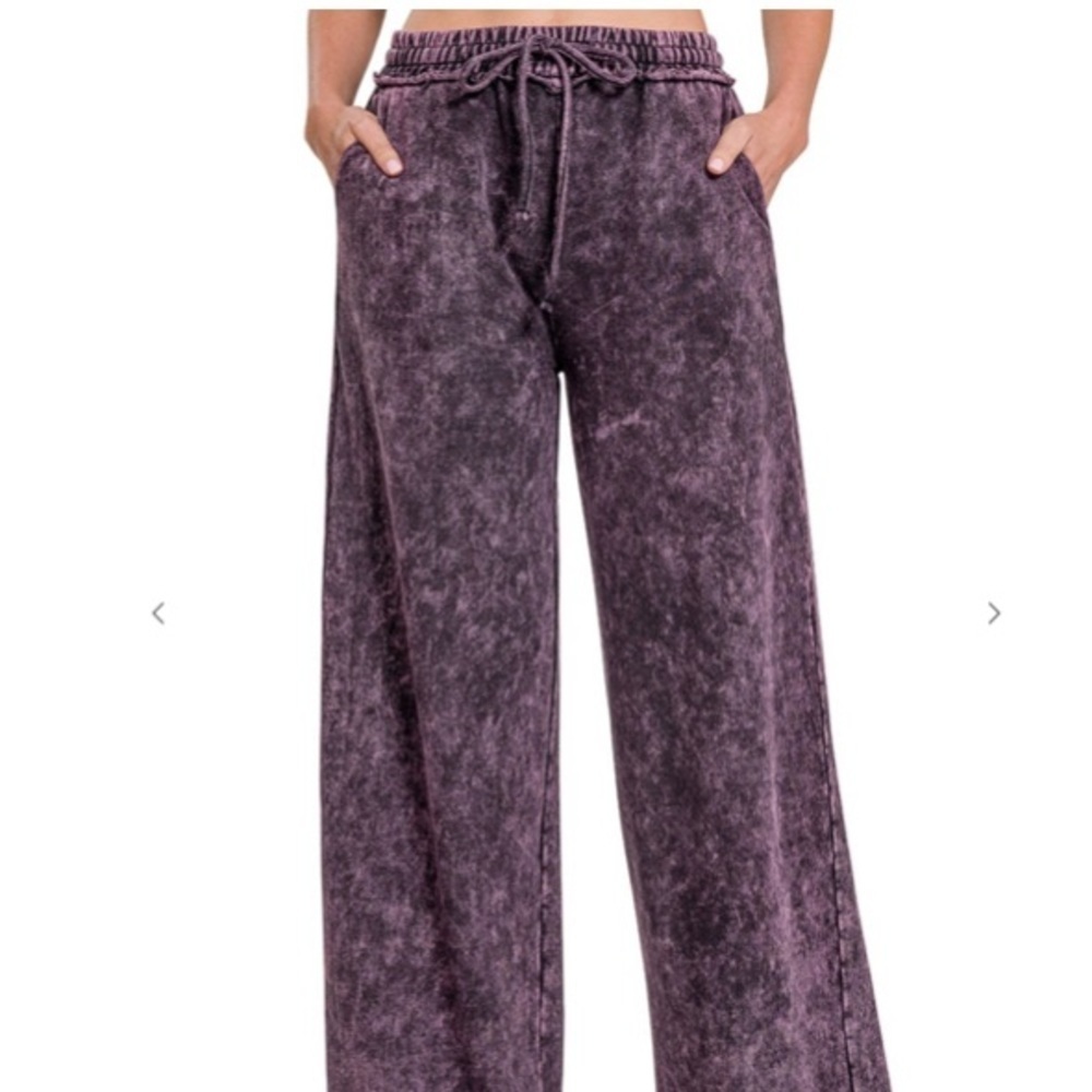 French Terry mineral washed drawstring raw edge hem pants, eggplant
